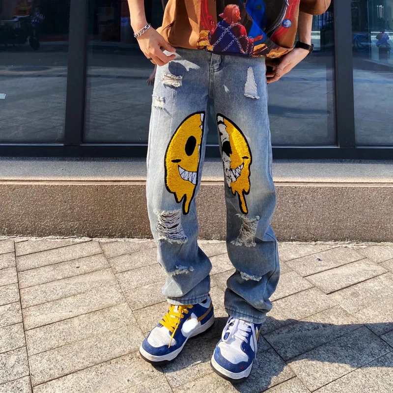 Men's Printed Smiley Embroidery Fashion Ripped Baggy Sweatpant Y2K Clothes Straight Jeans Pants Straight Goth Denim Trousers Man