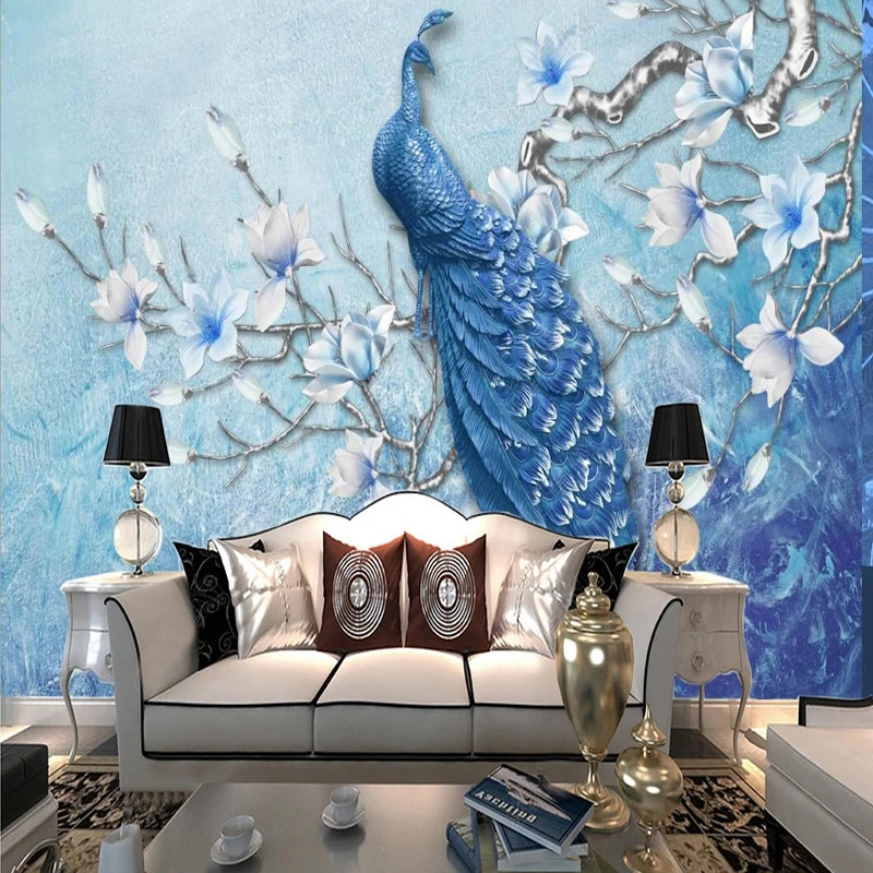 

Custom Mural Wallpaper Chinese Embossed Blue Peacock Magnolia Flower Fresco Living Room Bedroom Background Wall Paper Home Decor