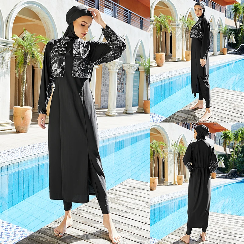 Burkini musulmán para mujer, traje de baño Hijab, vestido Maxi de cobertura completa, estampado islámico, Burkini Abaya Dubai, traje de baño modesto