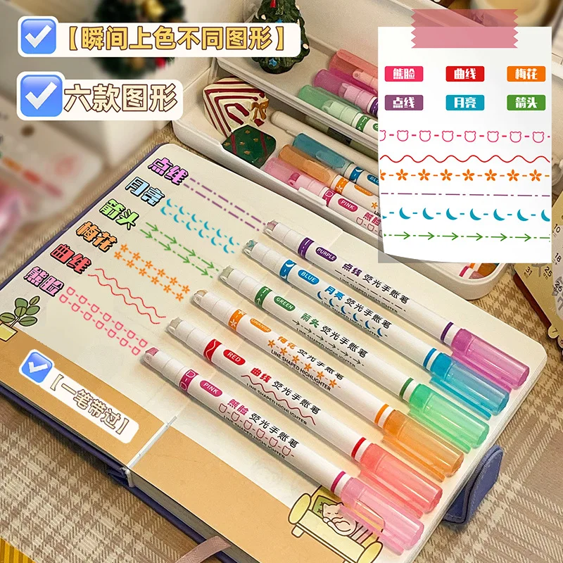 

6 Colors Curve Highlighter Pens Dual Tip Pastel Markers For Girl Drawing Decoration Cute Stationery Kawaii Highlihter Notetaking