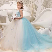 blue and white flower girl dresses appliques children party gown a line sweep train vestido de noiva sleeveless birthday gowns