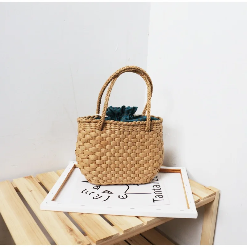 Eco Friendly Hand-woven Soft Handle Ladies Tote Vintage Rattan Woven Sea Handbag Straw Summer Beach Bag for Women