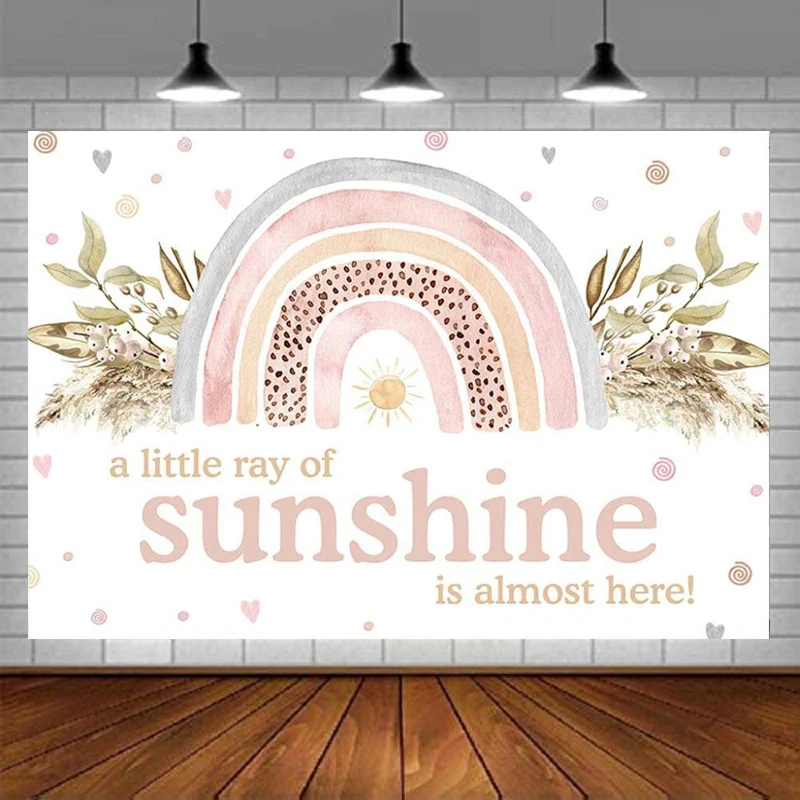 

Boho Rainbow Baby Shower Photography Backdrop A Little Ray Of Sunshine Is Almost Here Party Decor Banner Background Photo Booth