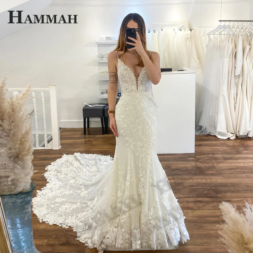 

HAMMAH Luxurious Appliques Trumpet Customised Deep V Neck Sweep Train Spaghetti Strap Fancy Tulle Sleeveless Made To Order