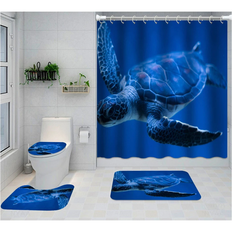 

Sea Turtle Shower Curtain Set Blue Tropical Ocean Animal Seabed Fish Coral Bathroom Curtains Rugs Toilet Lid Bath Mats 12 Hooks