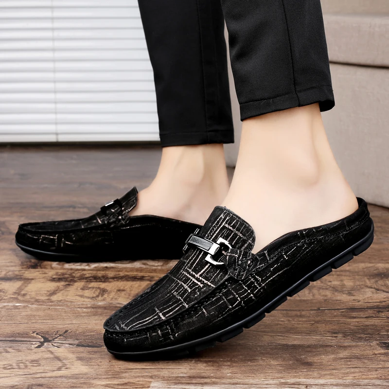 Men's Summer Fashion First Layer Cowhide Casual Mules Male Breathable Comfy Trendy Half Loafers Leisure Genuine Leather Sandals images - 6
