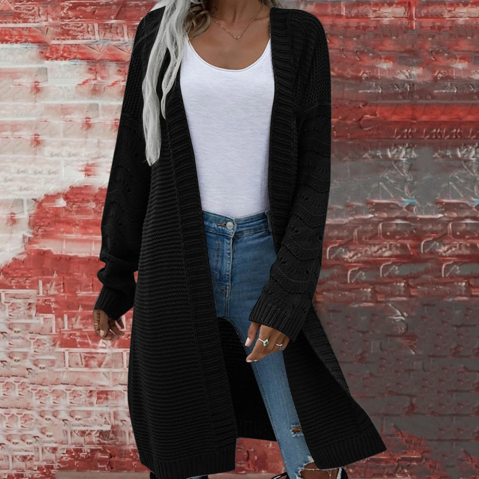 

Women'S Cardigan Black Mid Length Long Sleeve Sweater Autumn Winter Kpop Jumper Female Outwear Clothes Tops Vintage Overcoat