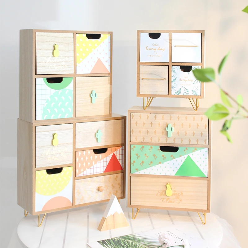 

Ins хранения Wooden Sundries Arrangement Box Lovely Desktop Storage Cabinet Household Drawer Type Cosmetics Storages Boxes