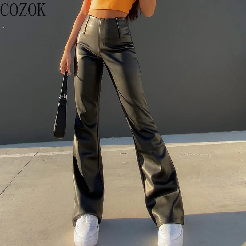 Solid Color High Waist PU Leather Women's Trousers Y2g Pants Flare Pants Streetwear Women