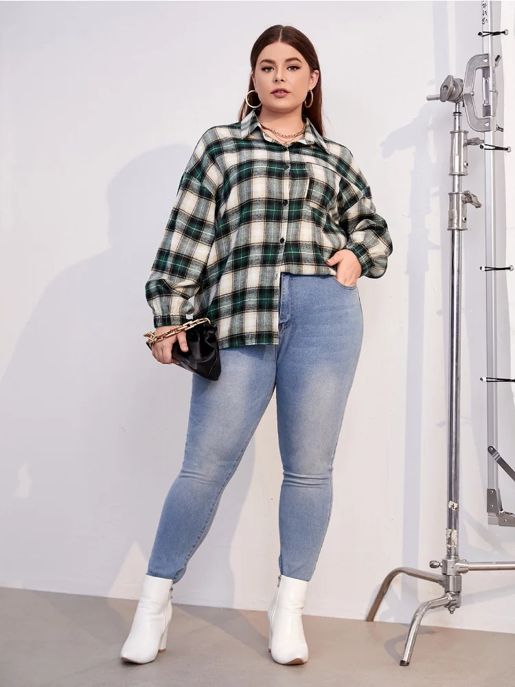 Women's Large Checked Shirt Front Pocket Hot Selling Cross-border Foreign Trade Shirts plus size women clothing