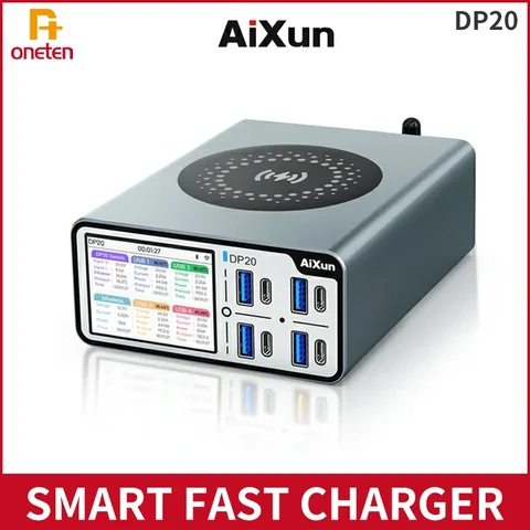 JCID AIXUN DP20 200 Вт настольное Интеллектуальное Быстрое зарядное устройство 15 Вт Беспроводная зарядка 2,4 дюймов HD дисплей для быстрой зарядки