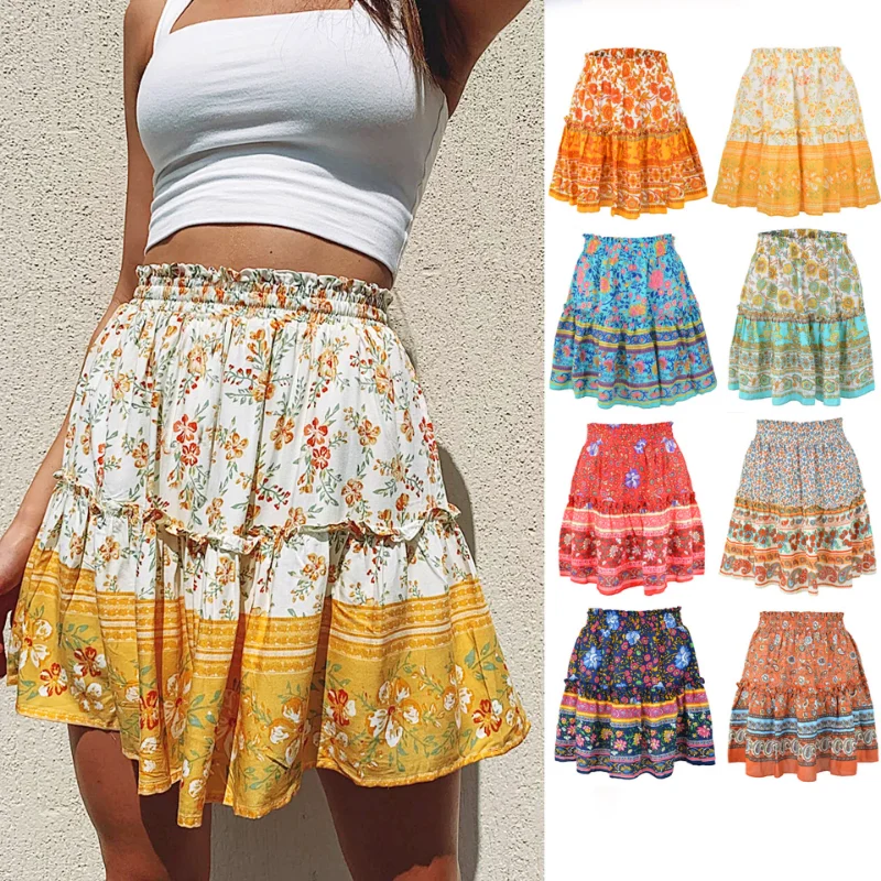 

New Summer Floral Print Boho Beachwear Loose Short Skirt Women Ruffles Vintage Holiday Elastic Waist Bohemian Mini Skirt Mujer