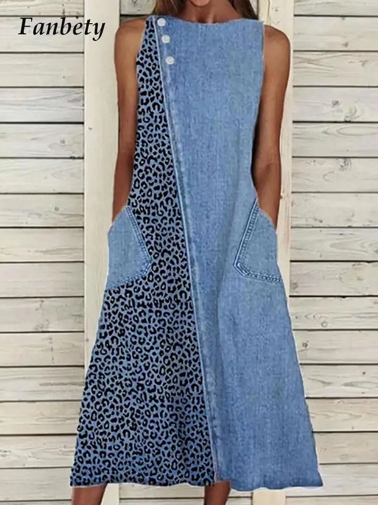 

Женское джинсовое платье без рукавов, с круглым вырезом