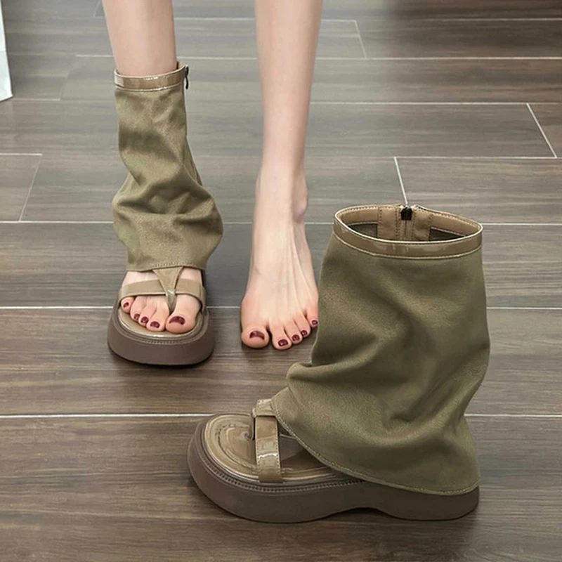 Summer Fashion Trend Trousers Boots Women's Shoes 2023 New Casual Solid Color Mid-Tube Sandals Thick-Soled Flat Shoes Size 35-39