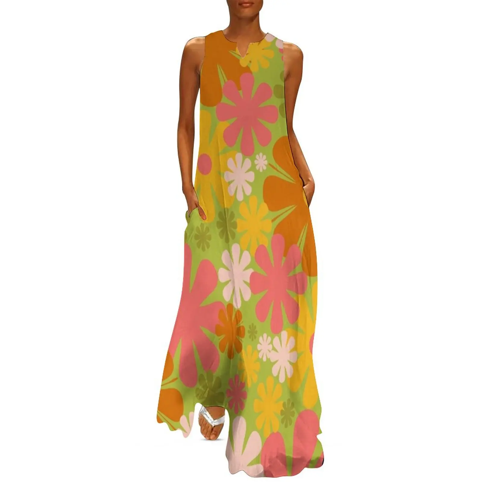 Женское длинное платье в стиле ретро зеленое розовое желтое оранжевое с