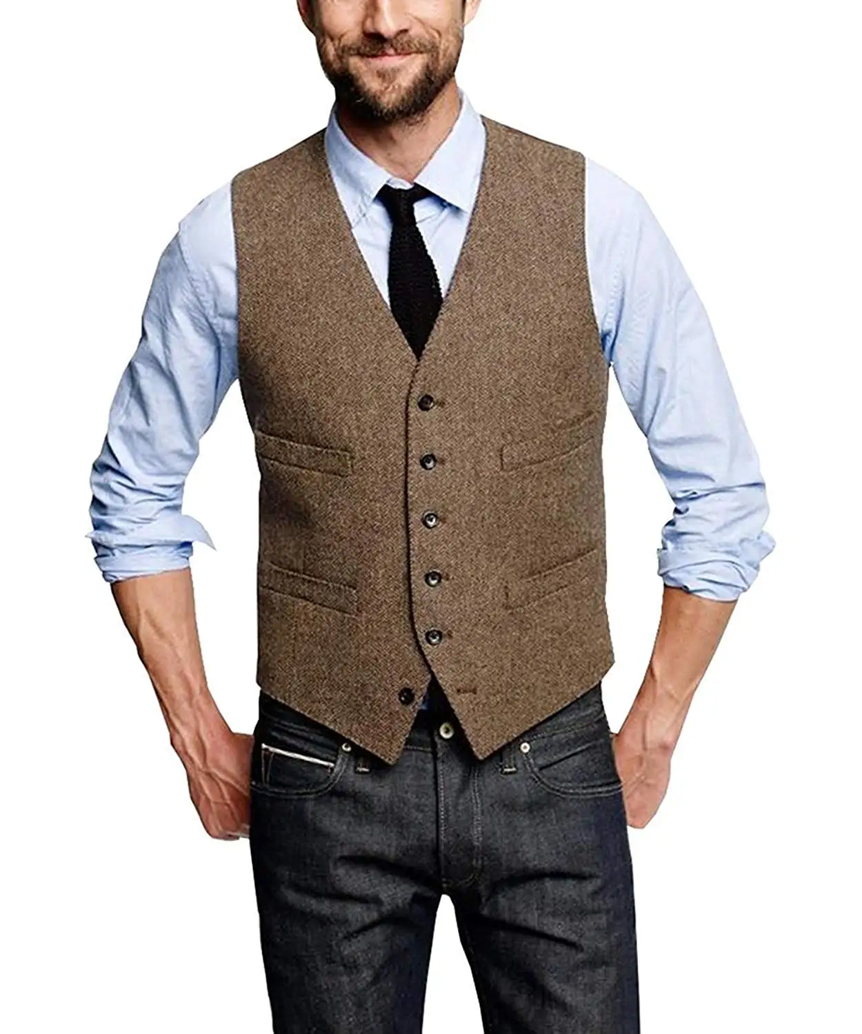 

Men's Suit Vest Brown Wedding Wool Herringbone Tweed Business Waistcoat Jacket Casual Slim Fit Vests For Groosmen Man Wedding