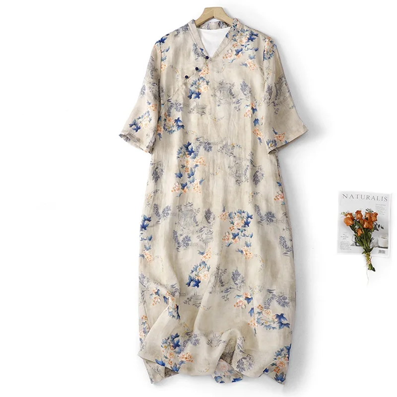 Винтажное длинное платье-Ципао высокого качества с V-образным вырезом женское