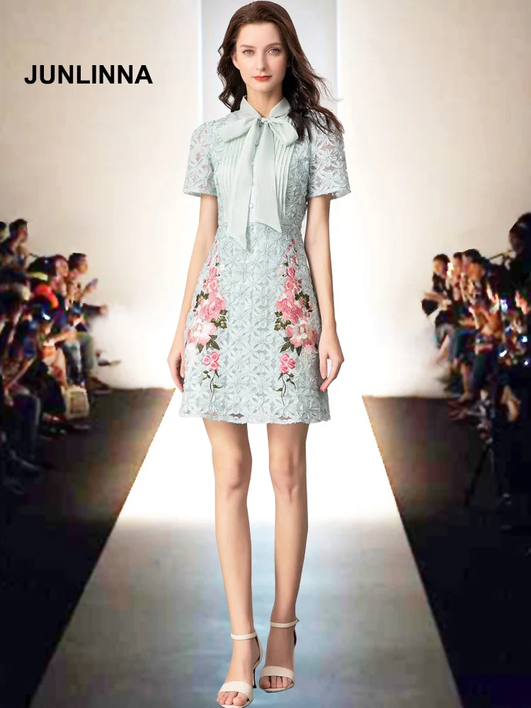 

JUNLINNA Runway Fashion Women Embroidery Dresses 2022 Summer New Scarf Collar Short Elegant Party Street Vestidos