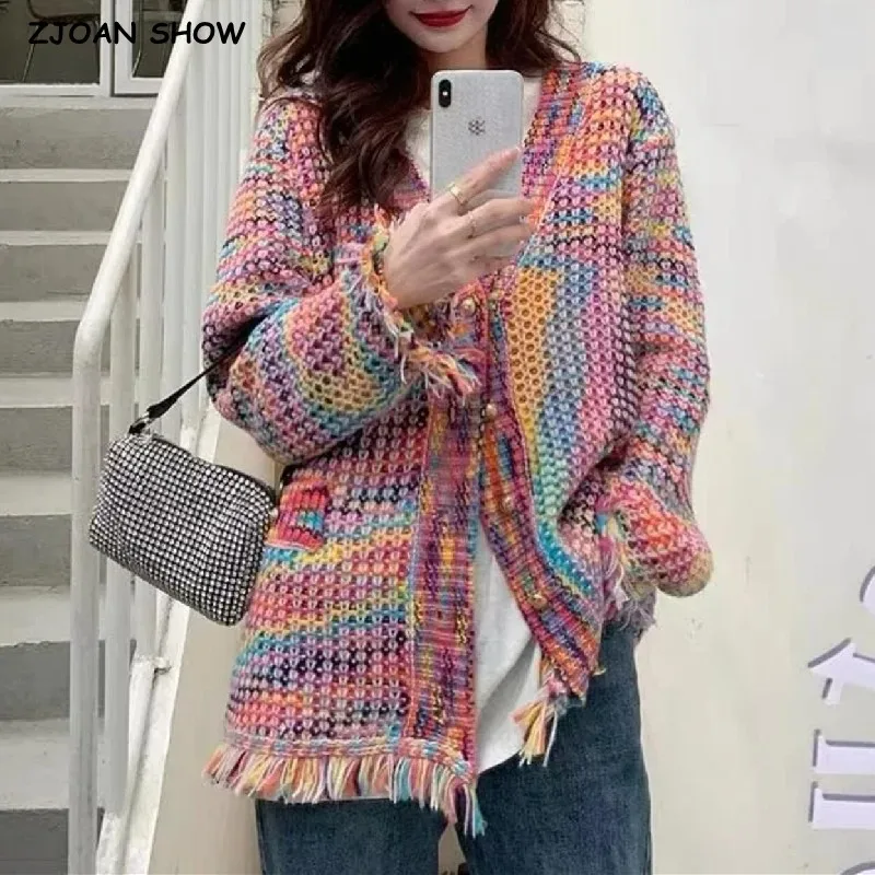 

Lazy CHIC Mix Colored Knitted Cardigan Woman V neck Center Button Full Sleeve Hem Burr Tassel Sweater Loose Knitwear Jumper