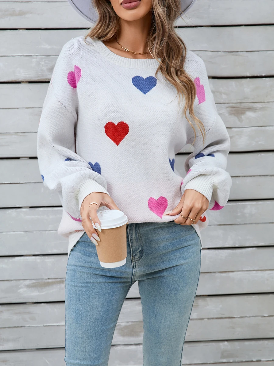 Женский свитер с принтом сердца Свободный пуловер длинным рукавом и круглым