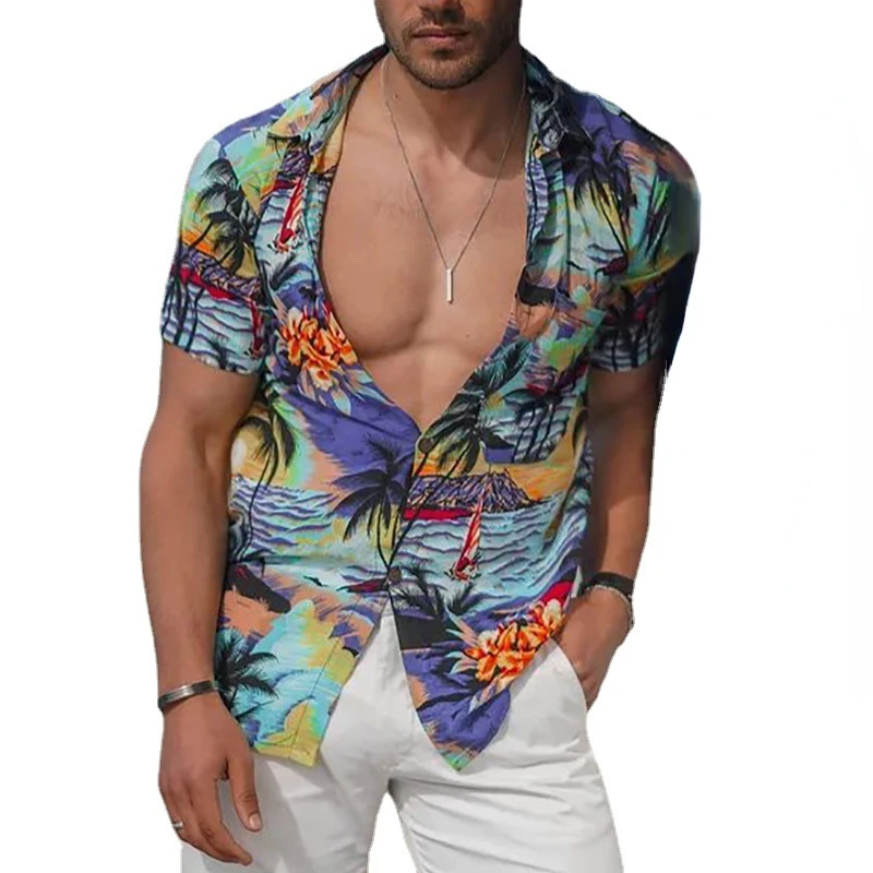 Blouse Tops for Men's Print Slim-Fit Cardigan Blouse Men's Short Sleeve Single Breasted Turn-down Collar Shirt Hawaiian Shirt