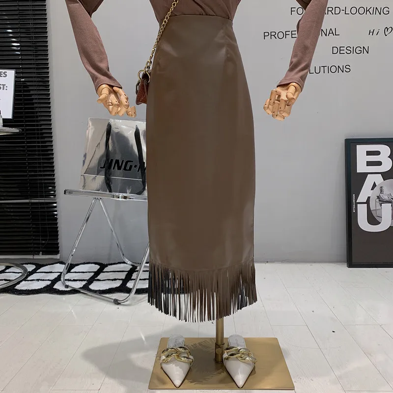 

New in Women's Clothing 2022 Autumn Temperament medium long retro tassel PU leather versatile hip wrap skirt