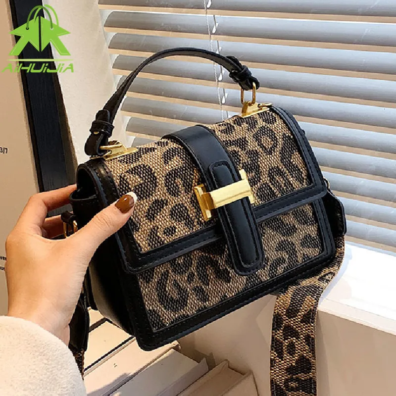 

Fashion Leopard Flip Purses and Handbags Luxury Female Shoulder Crossbody Bag for Women Casual Wide Shoulder Strap Messenger Bag