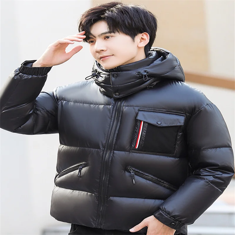 Winter European And American Men'S Bright Face Down Jacket Short Thickened Bread Fashion Warmth Comfortable Casual Loose Zipper
