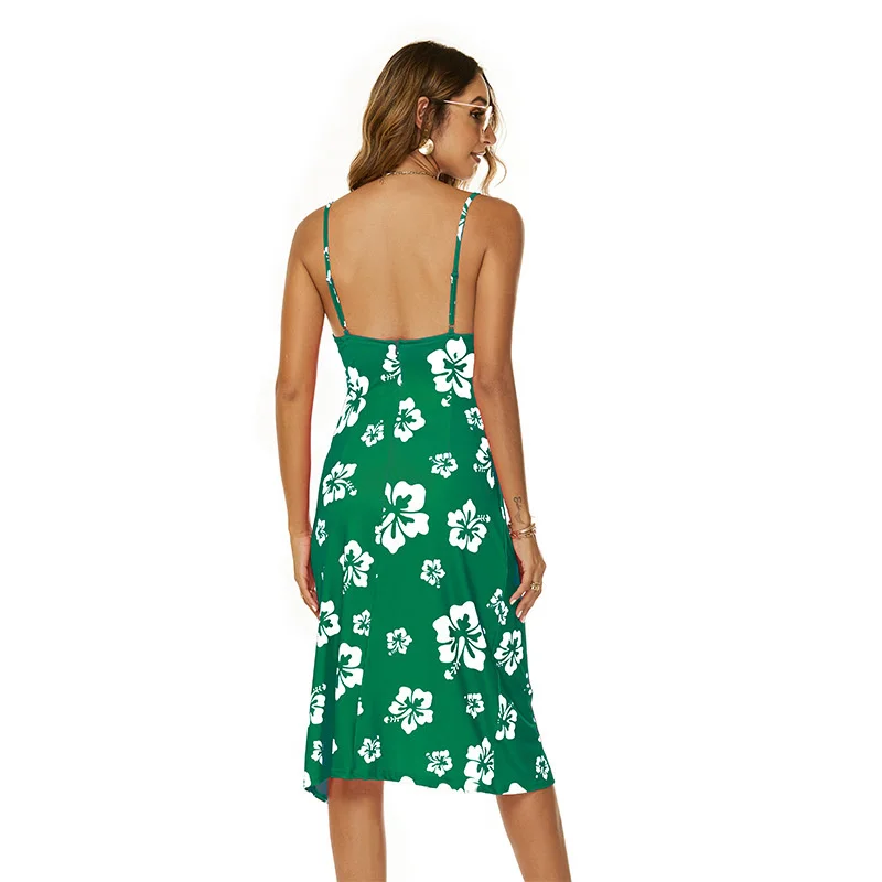 

Casual slim fashion sexy elegant 2023 new dress,Satin dangling collar high split open back sexy suspender beach print dress medi