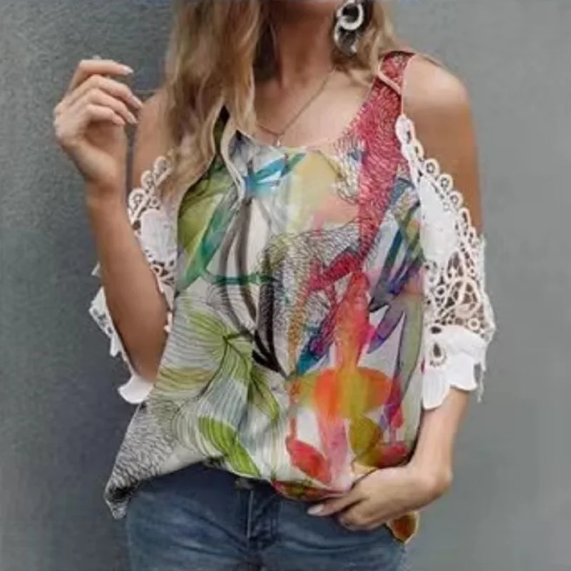 

Vintage Short Sleeve Loose Printed Shirt Women Casual Summer Lace Off-shoulder Blouse Hollow Elegant O-neck Tops Fashion 24990
