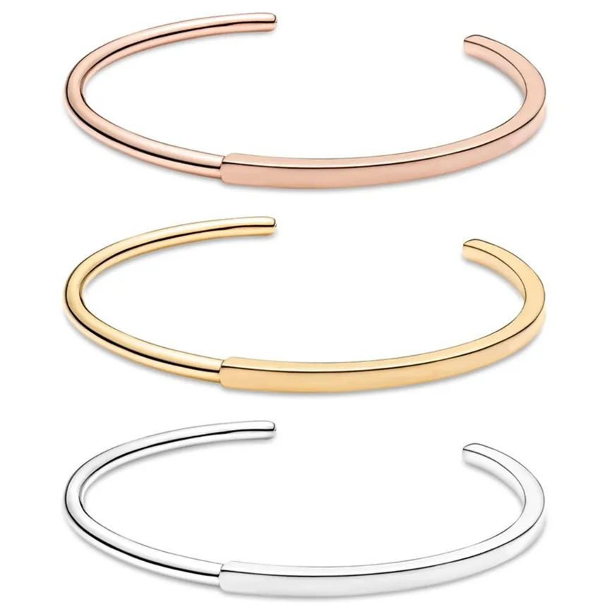 

Authentic 925 Sterling Silver Rose Gold & Silver Logo Signature I-D Bracelet Bangle Fit Bead Charm Diy Fashion Jewelry