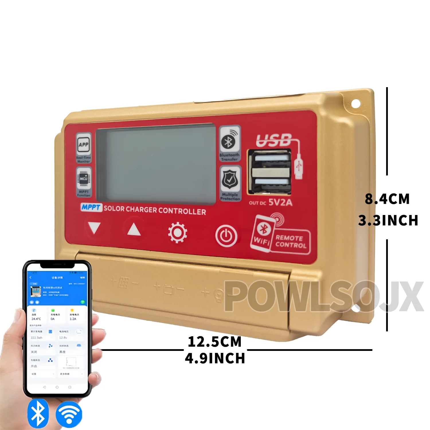 Солнечный контроллер POWLSOJX Bluetooth/WiFi с ЖК-дисплеем двойной USB-выход зарядка MPPT для