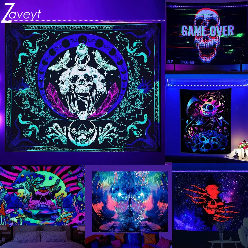 

UV Light Butterfly Skull Fluorescent Tapestry Purple Reactive Psychedelic Mushroom Sun Game Over Letter Tapestries Big Size