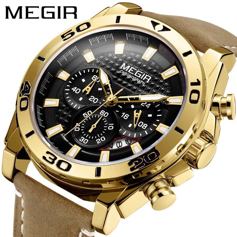 

MEGIR New Men's Sports Quartz Watch Leather Waterproof Calendar Chronograph Watches Men Luminous Hands Clock Relogio Masculino