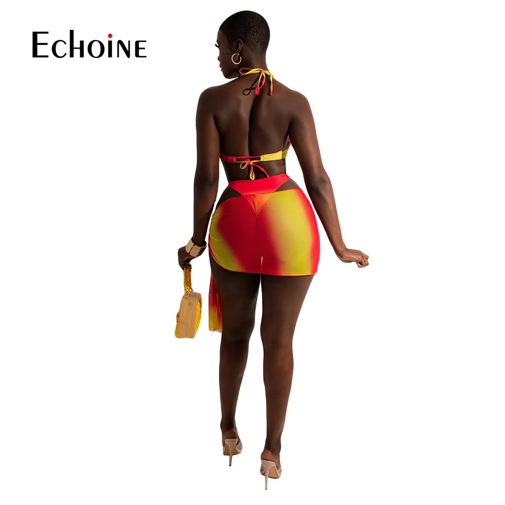 Купальник-бикини женский из трех предметов с градиентным принтом и лямкой на шее