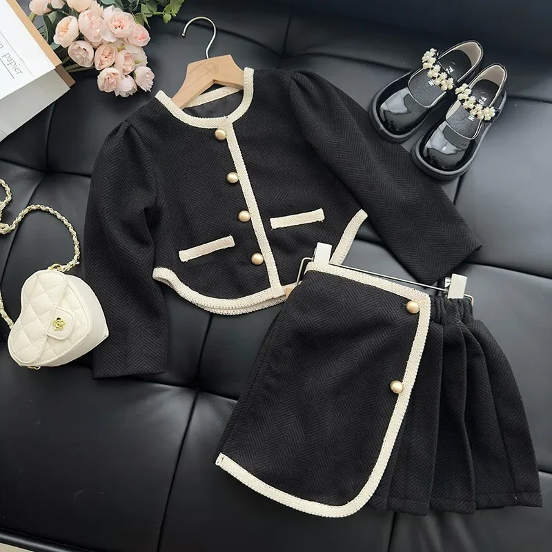 

2023 New Girls Spring Autumn Two Piece Sets Top Short Skirt Unhooded O-neck Soft Fashion All-match Outwear