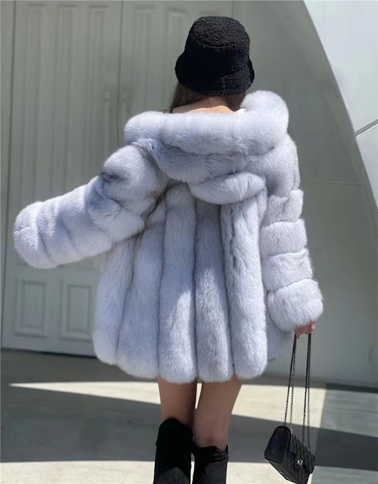 Women Winter Real Silver Fox Fur Coat Long Genuine Fur Jacket Fashion Luxury Natural Fur Streetwear Hood Plush Outerwear Brand