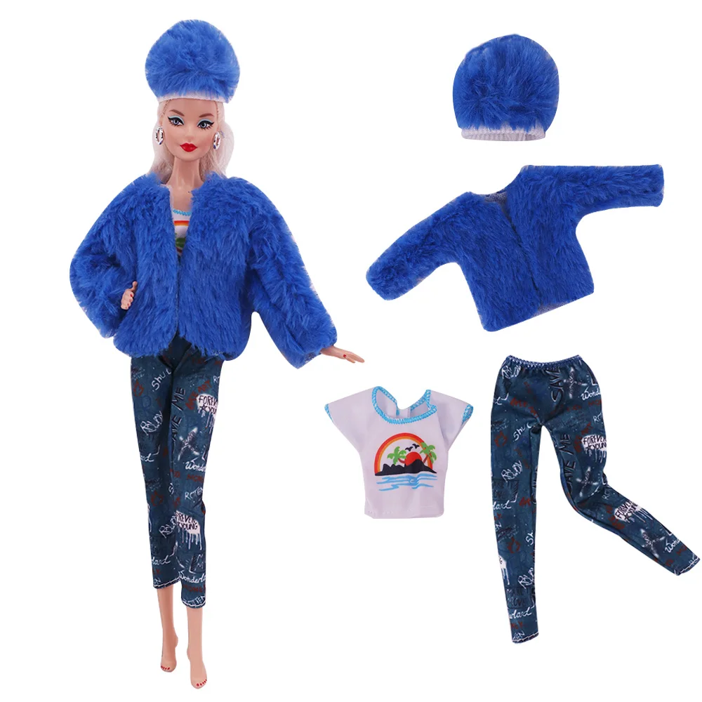 30Cm Barbies Fashion Clothes Coat Plush Top Pants Beret Doll House Accessories For 11.8 Inch Barbies Girls Toy Gifts