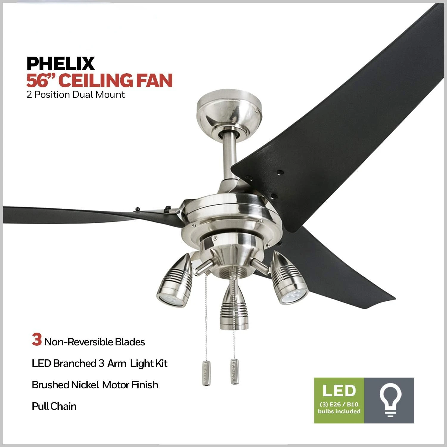

Fans Phelix, 56 Inch Contemporary Indoor LED Ceiling Fan with Light, Pull Chain, Dual Mounting Options, Modern High Performance