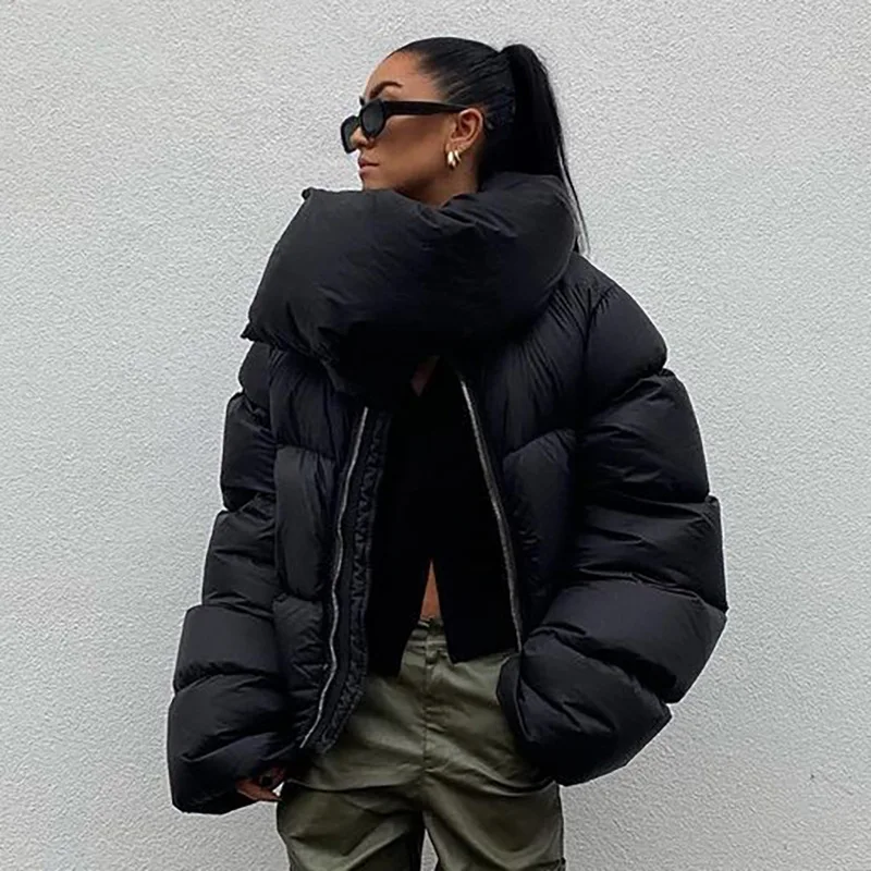 Winter Oversized Black Bubble Coats Women 2023 Fashion Zipper Scarf Collar Puffer Short Jackets High Street Outwear Casual Parka