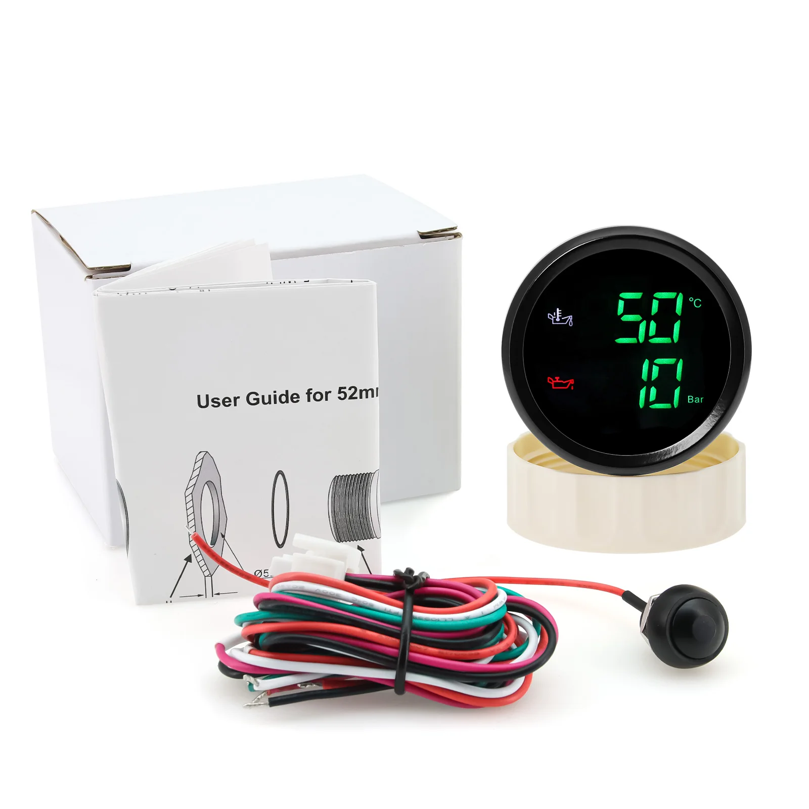 

Двойной манометр 2 дюйма, 52 мм, 2 в 1, 50 ~ 150 ℃ Измеритель температуры масла + манометр масла 0-10 бар с сигнализацией для лодки, автомобиля, 12 В, 24 В, на заказ