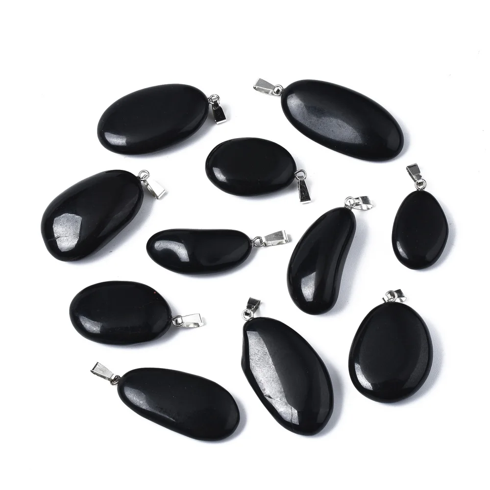 

50pcs/Lot Natural Black Stone Pendants with Platinum Tone Brass Bails Nuggets 28~32x16~24x6~11mm Hole: 7x2mm