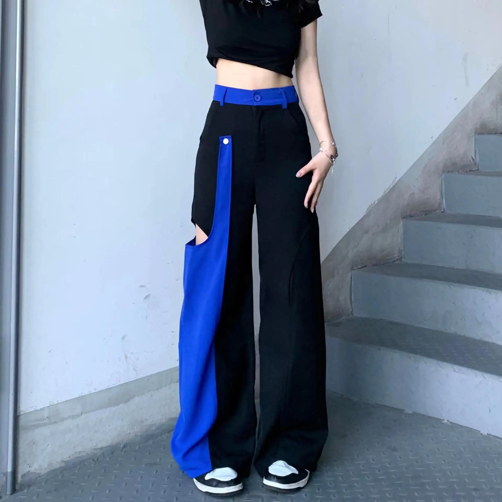 

Широкие брюки с цветной строчкой, прямые трубки, облегающие, Повседневная мода, нестандартный дизайн, высокая талия, простая личность