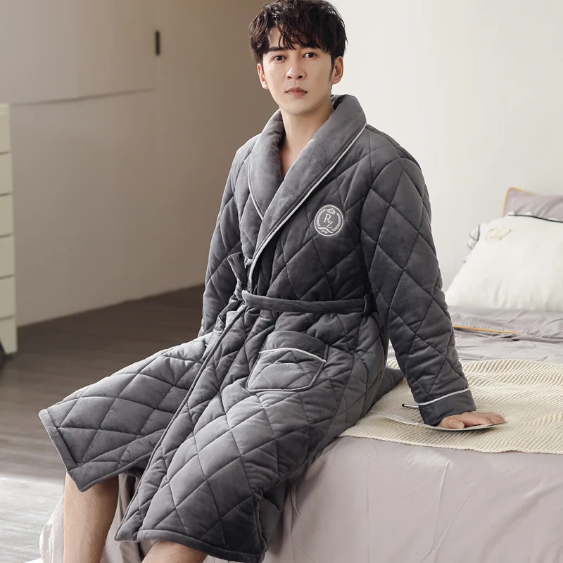 Халат-кимоно мужской зимний трехслойный стеганый халатик кораллового цвета с