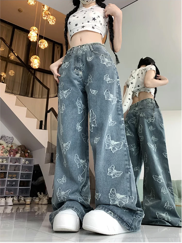 Женские синие джинсы в стиле Харадзюку Y2k 90-х эстетичная уличная одежда