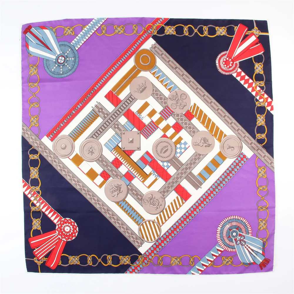 

Badge Print Twill Silk Scarves Wraps Square Scarf Women Shawl Luxury Lady Hijabs Bandana Handmade Curled Head Scarf 90cm