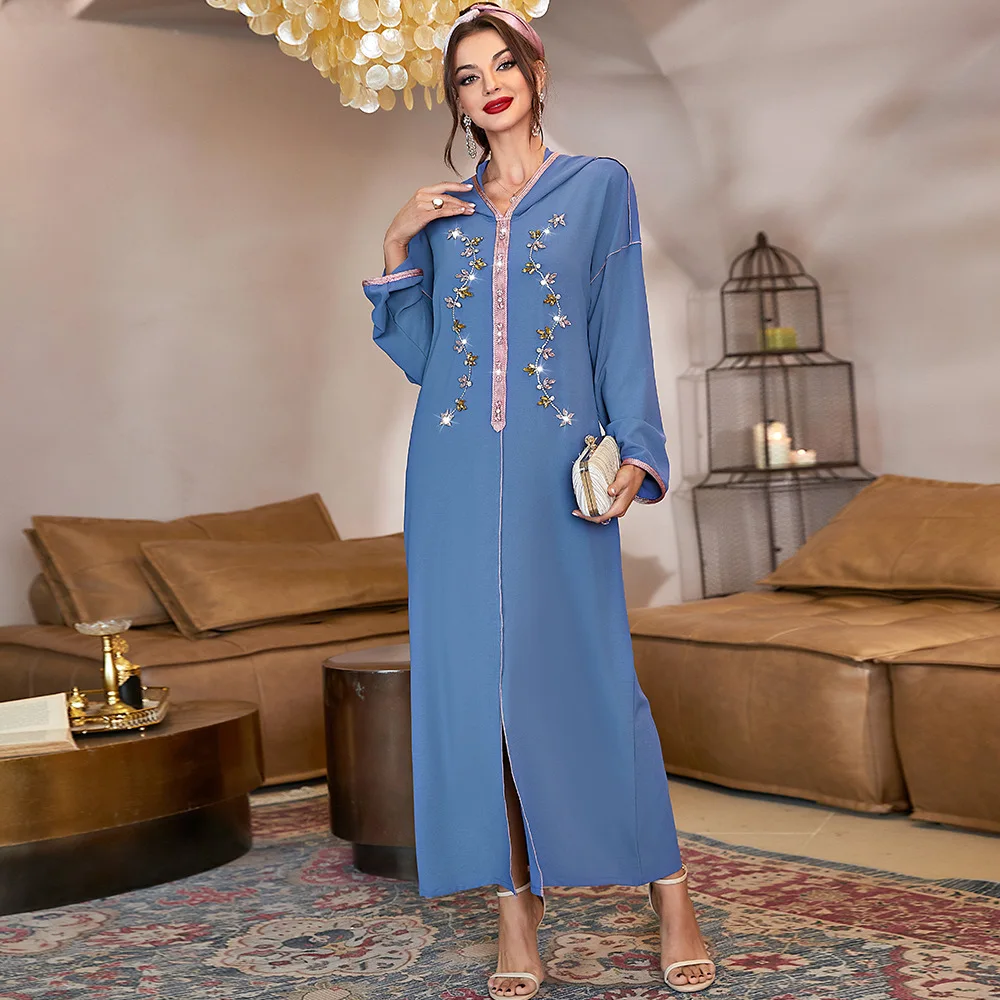 

Turkey Morocco Dubai Women Dress Blue Front Slit Ethnic African Kimono Abaya Dubai Islamic Clothing Noble Diamond Malaysian Robe