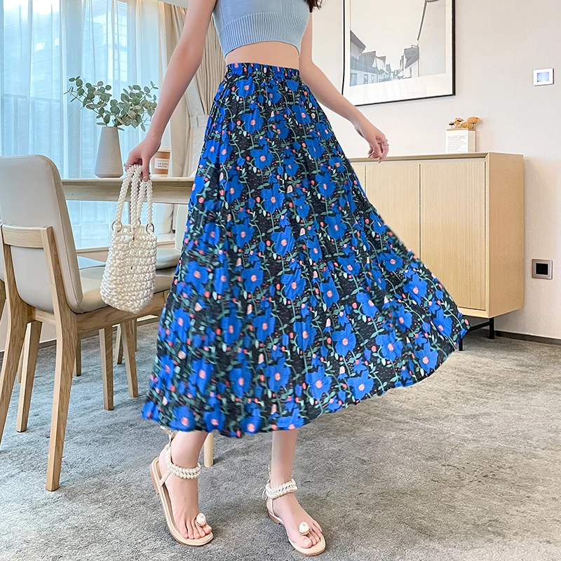 

Skirt Female Fashion Korean Version Real Shot Pleated Floral Skirt Loose High Waist Skirt Female Summer New Temperament Skirt