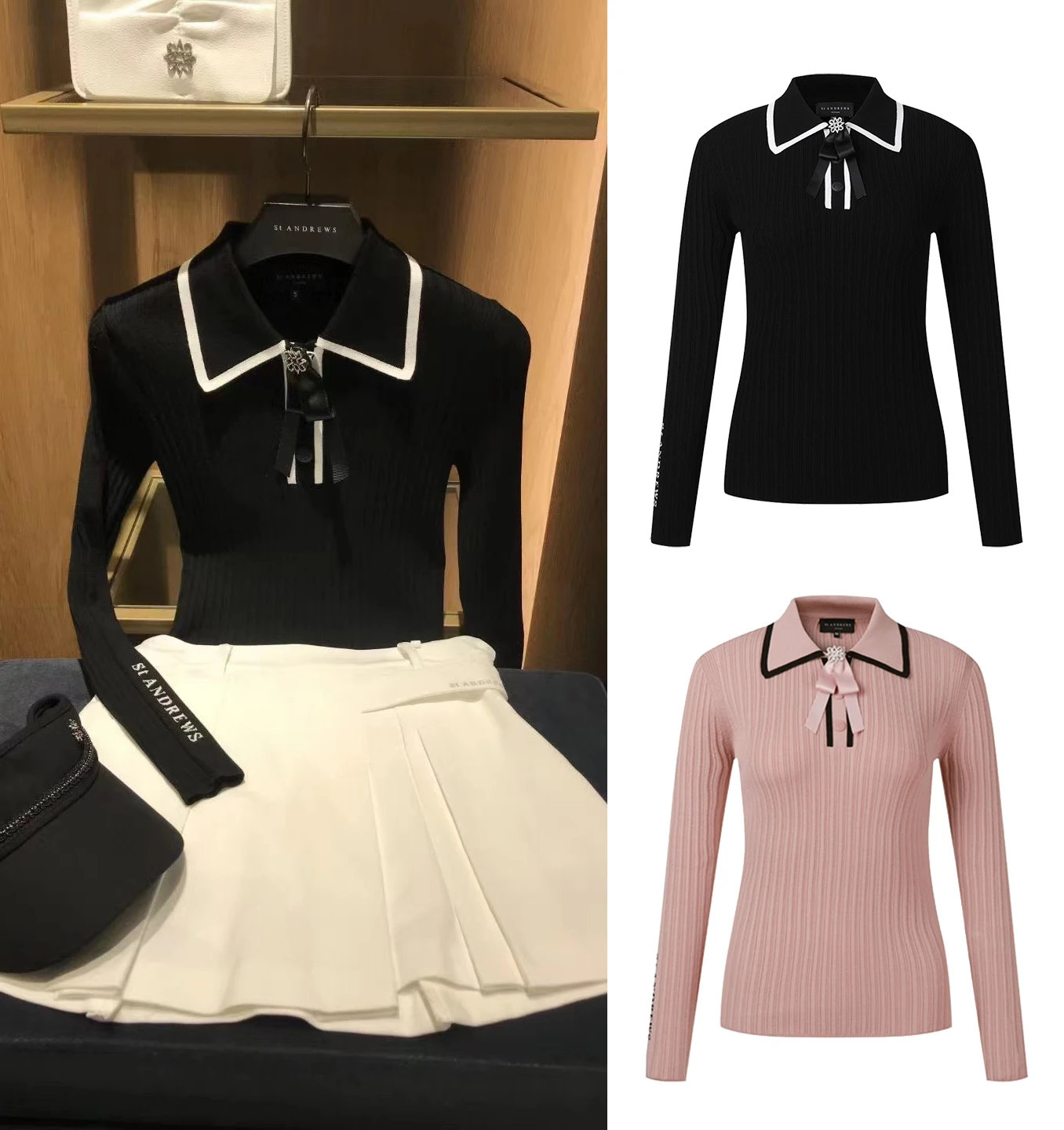Autumn/Winter New Golf Shirts Women's Knit Polo Shirt Elastic Slim Fit Design Knit rib Shirt Pair With Lace Bow Golf Top