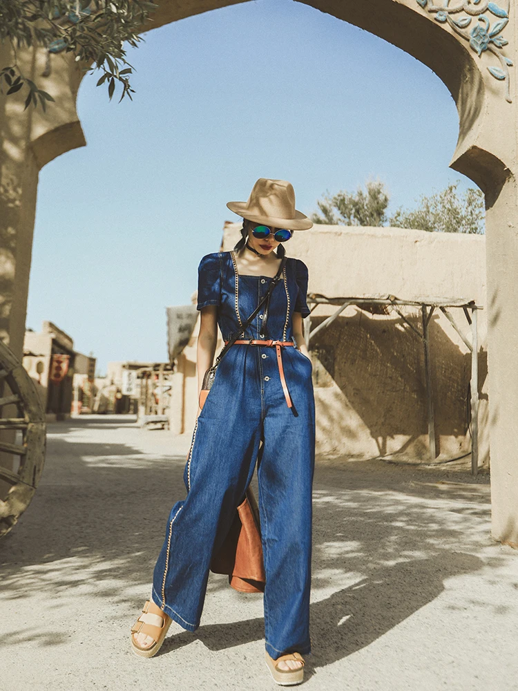 TIYIHAILEY Free Shipping 2022 New Women Wide Leg Denim Jumpsuit And Rompers S-L Thin Summer Trousers With Pockets